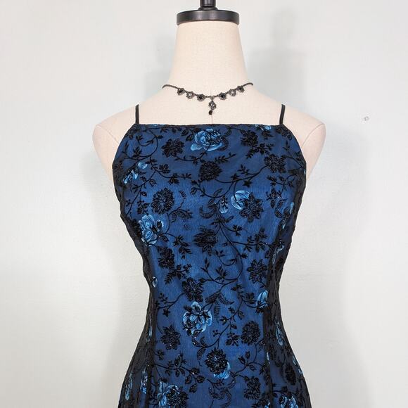 Vintage Morgan Co Prom Dress Maxi Gown 10 Blue Black Goth 90S Y2K Floral Glam - Picture 5 of 11